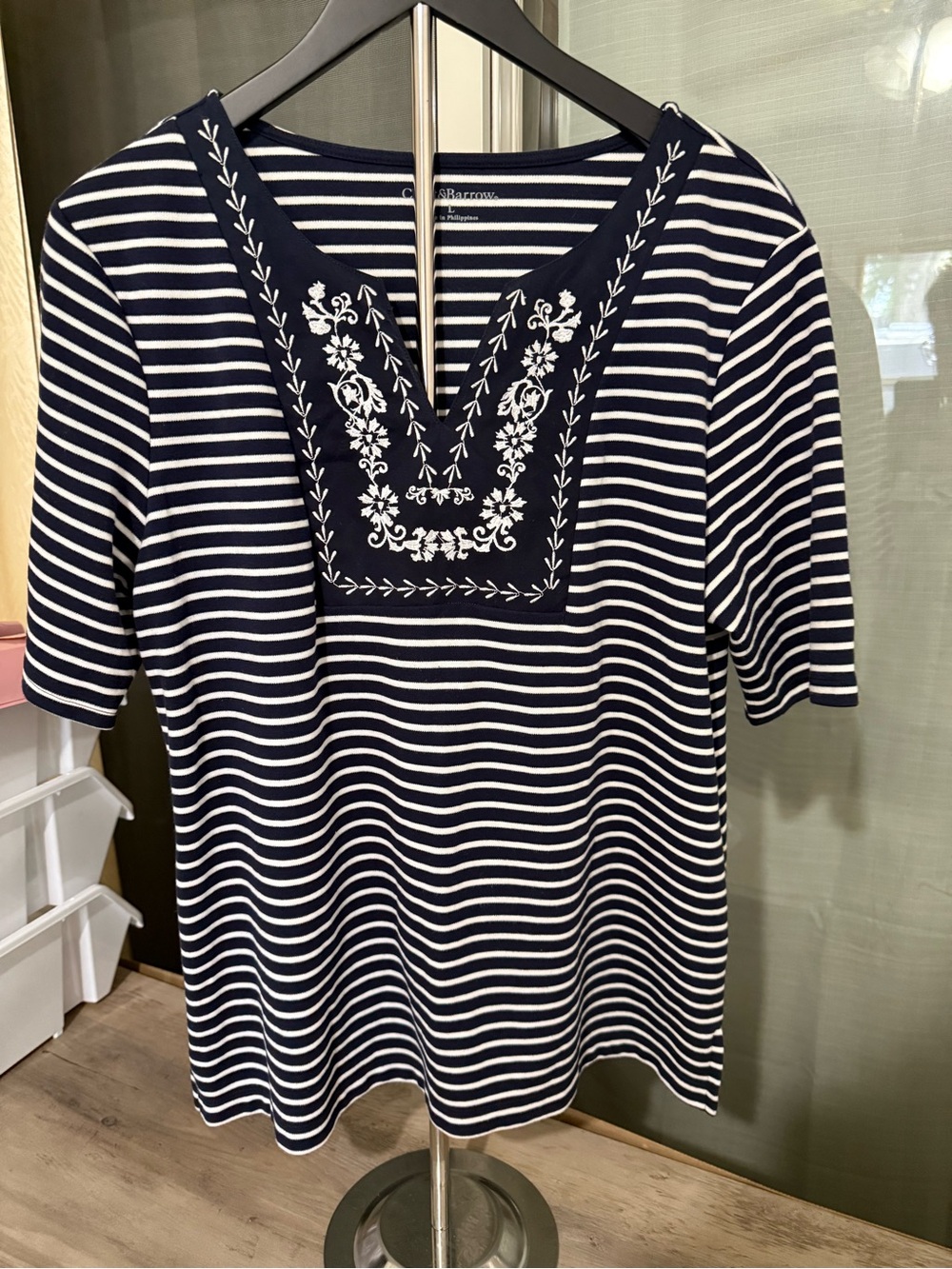 croft & barrow Navy and White Striped Embroidered Short Sleeve Top